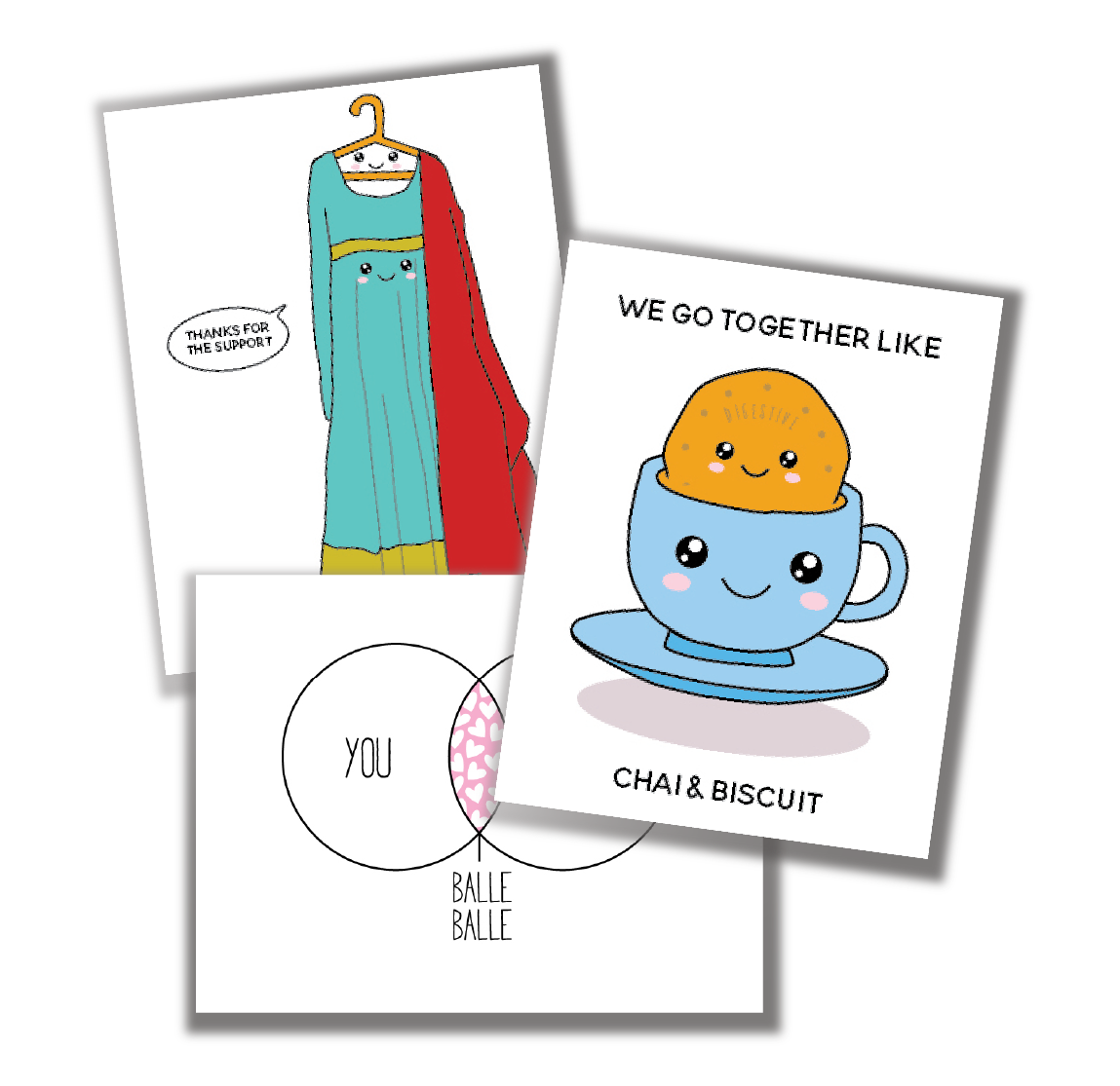 Three examples of greeting cards.