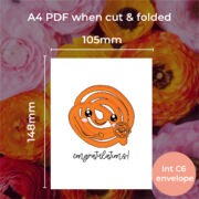 Munchkin Morsels Card size for a card printed on A4 paper, cut down and folded down to an A6 card, that fits in a C6 envelope.
